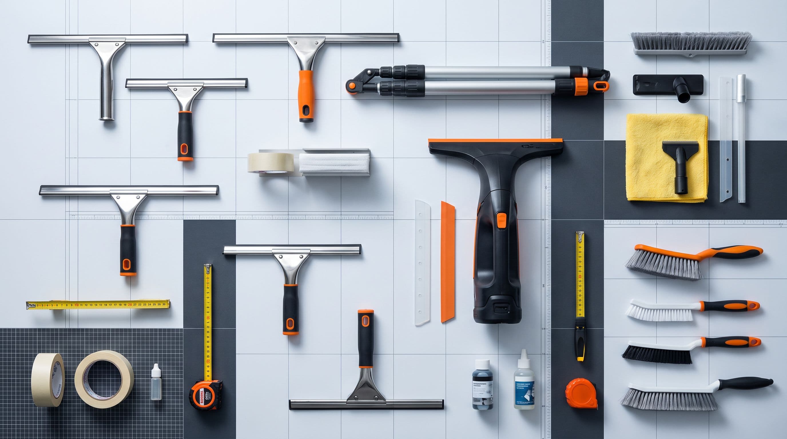 Raclettes, perche extensible, brosses et outils de nettoyage de vitres disposés à plat